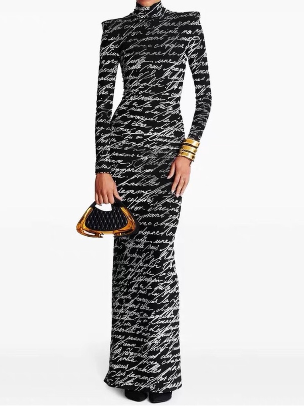High quality Black & White Script Long Sleeve Maxi Dress